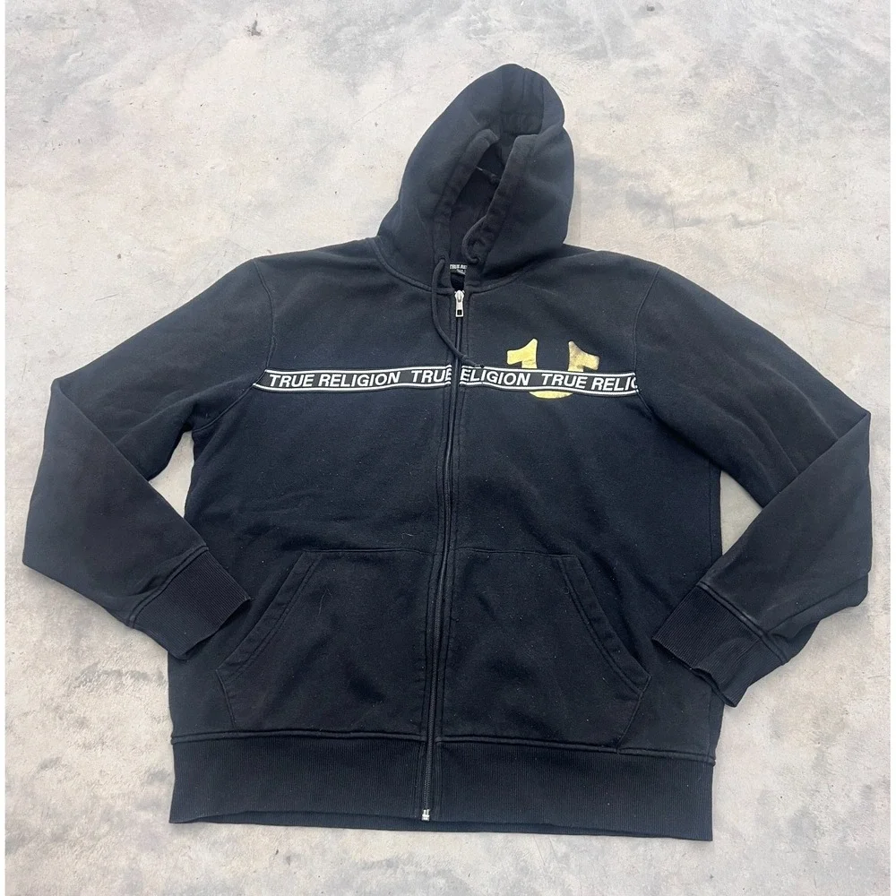 True Religion Hoodie Mens XL Black Horseshoe Logo Fleece Full Zip Streetwear Y2K